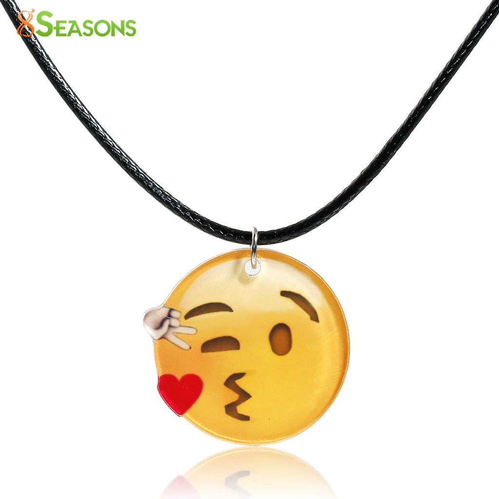 8SEASONS Acrylic Necklace Black Wax Cord Yellow Kissy Face Emoji 46cm(18 1/8") long, 1 Piece