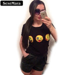 SexeMara Summer Style Smile Chat Emoji T shirts Black Punk Harajuku Short Sleeve Casual Tops Women O-neck Kawaii T-shirt H166