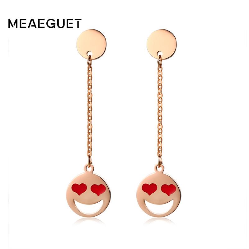 Meaeguet Trendy Emoji Heart Drop Earrings For Women Rose Gold Color Double Round Stainless Steel Chain Love Earrings