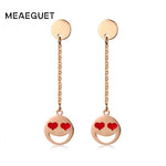 Meaeguet Trendy Emoji Heart Drop Earrings For Women Rose Gold Color Double Round Stainless Steel Chain Love Earrings