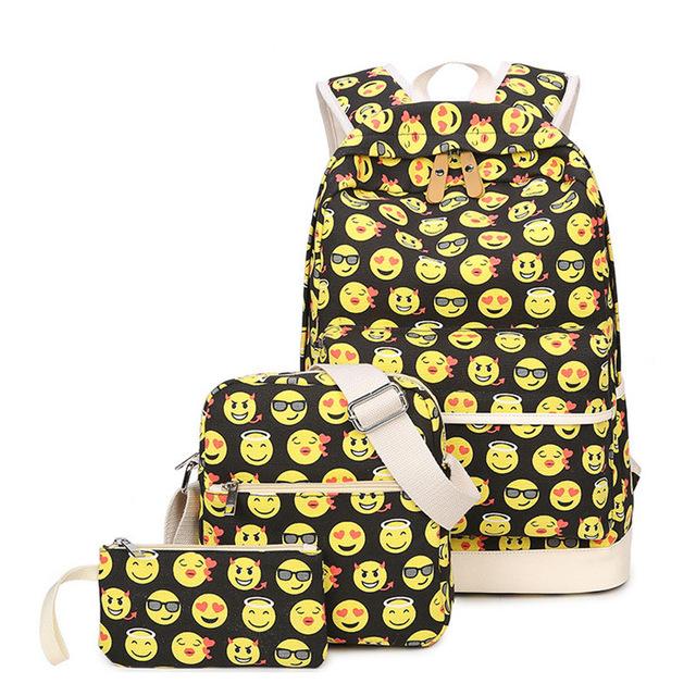 Set Casual Backpack Women 3D Smiley Emoji Face Printing Canvas Backpacks School Backbags for Teenage Girls Bagpack