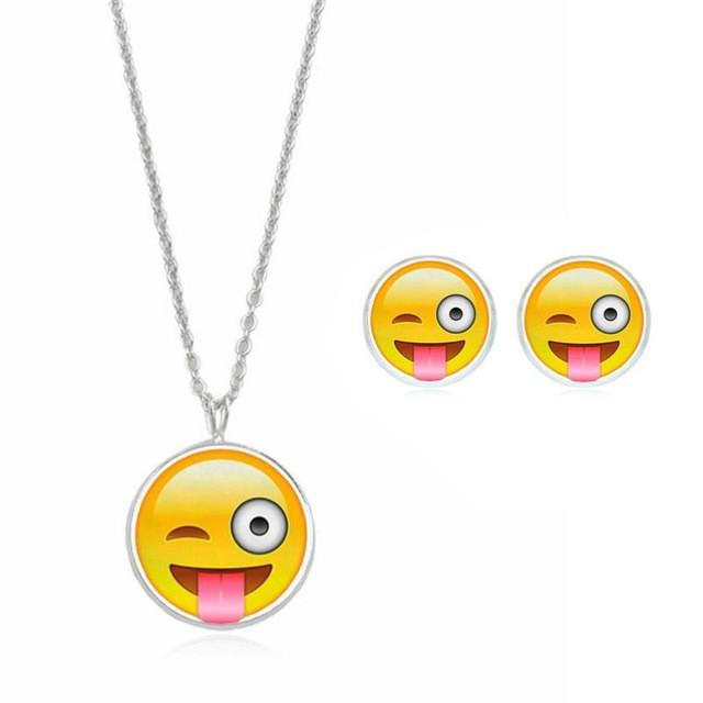 Cute Emoji Art Picture Pendant Statement Chain Crescent Necklace Stud Earrings Set QQ expression Necklace Stud Earrings set 40