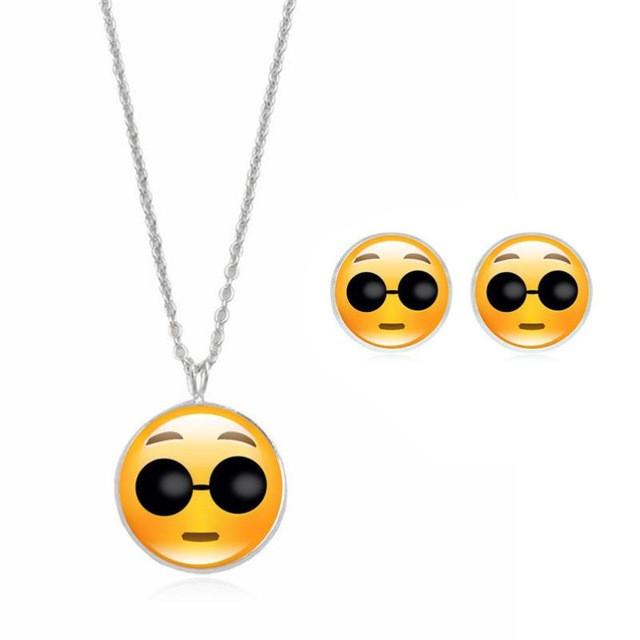 Cute Emoji Art Picture Pendant Statement Chain Crescent Necklace Stud Earrings Set QQ expression Necklace Stud Earrings set 40