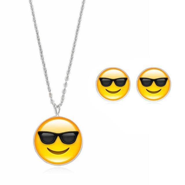 Cute Emoji Art Picture Pendant Statement Chain Crescent Necklace Stud Earrings Set QQ expression Necklace Stud Earrings set 40