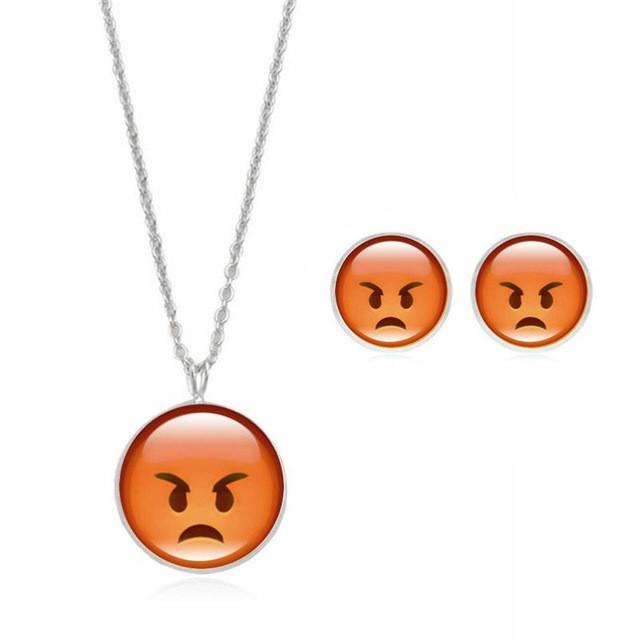 Cute Emoji Art Picture Pendant Statement Chain Crescent Necklace Stud Earrings Set QQ expression Necklace Stud Earrings set 40