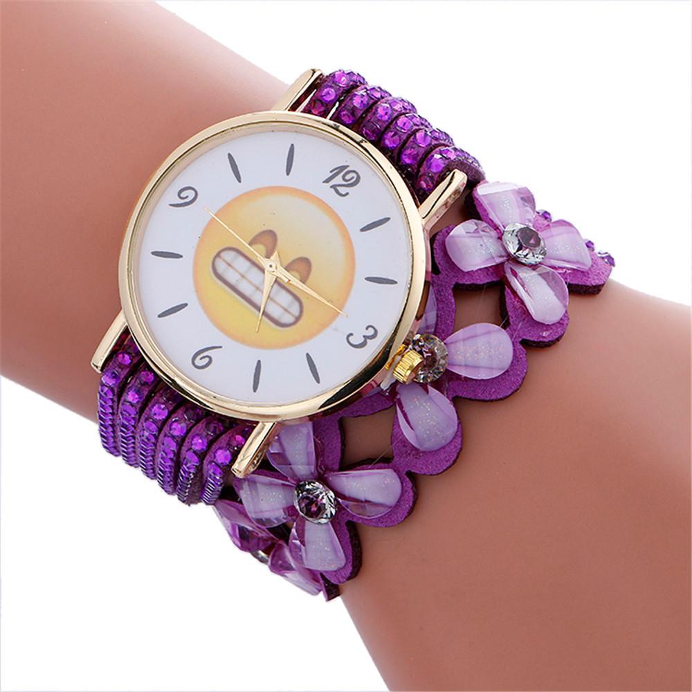 Fashion Cute Emoji Pattern Crystal Leather Bracelet Lady Womans Wrist Watch