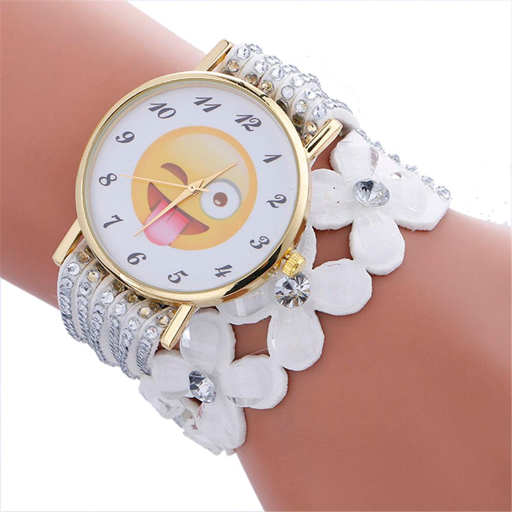 Fashion Cute Emoji Pattern Crystal Leather Bracelet Lady Womans Wrist Watch