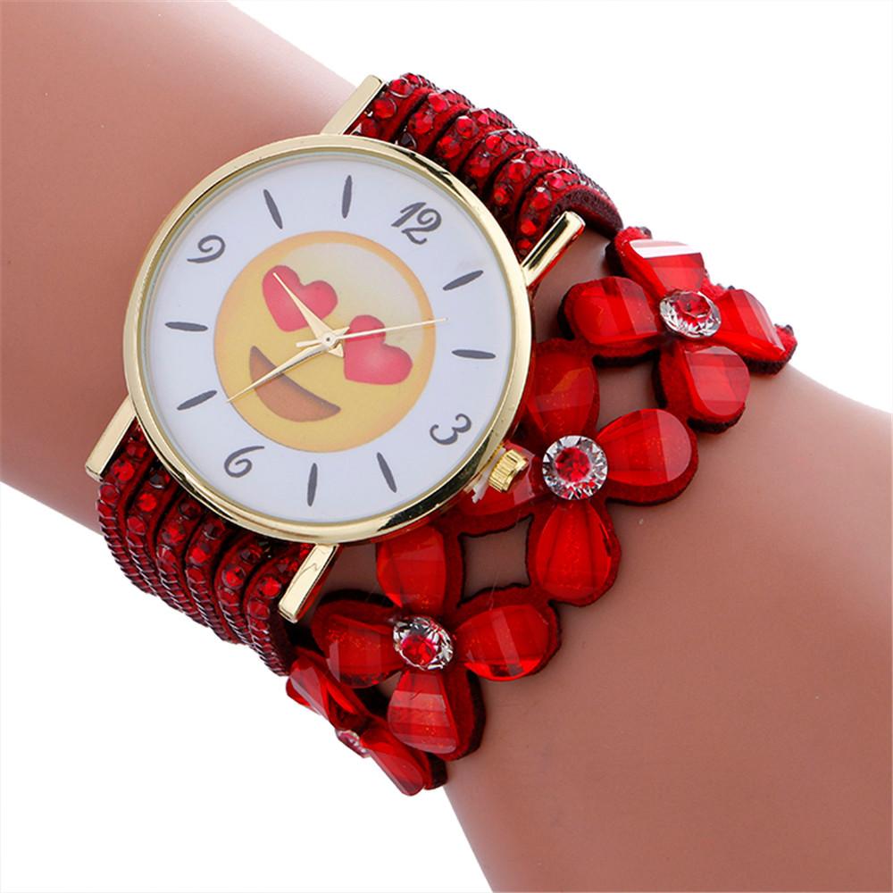 Fashion Cute Emoji Pattern Crystal Leather Bracelet Lady Womans Wrist Watch