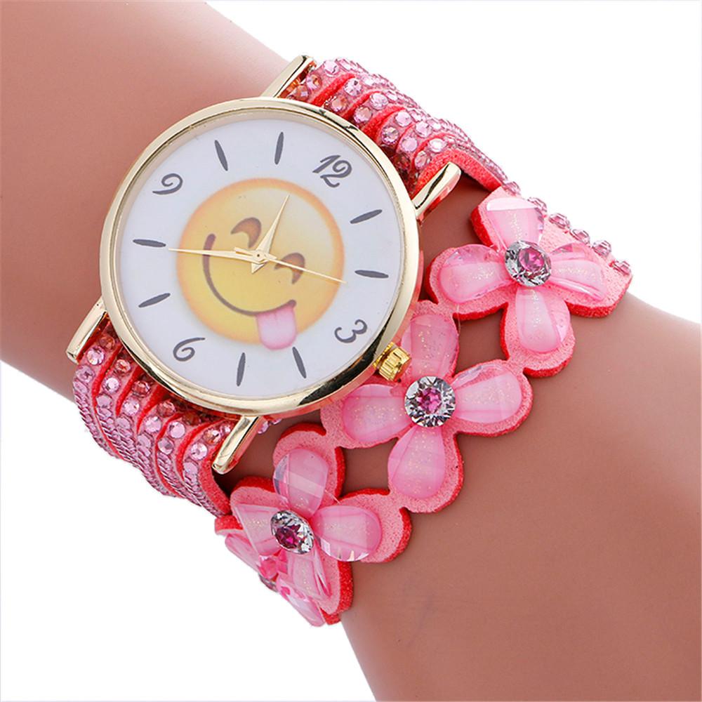 Fashion Cute Emoji Pattern Crystal Leather Bracelet Lady Womans Wrist Watch