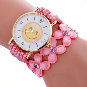 Fashion Cute Emoji Pattern Crystal Leather Bracelet Lady Womans Wrist Watch