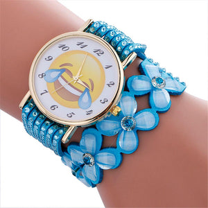 Fashion Cute Emoji Pattern Crystal Leather Bracelet Lady Womans Wrist Watch