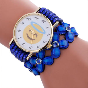 Fashion Cute Emoji Pattern Crystal Leather Bracelet Lady Womans Wrist Watch