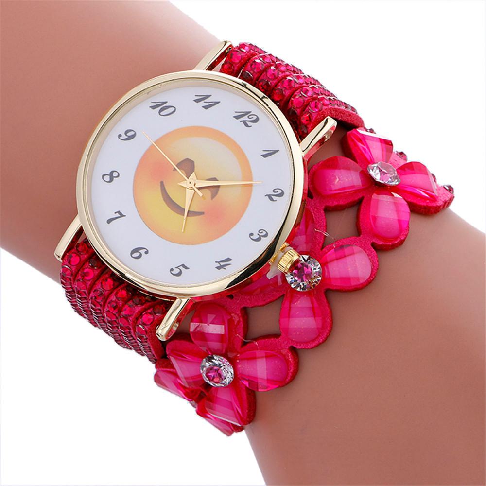 Fashion Cute Emoji Pattern Crystal Leather Bracelet Lady Womans Wrist Watch