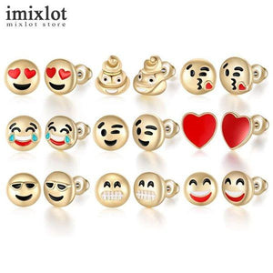 Imixlot 10 Pairs Mix Cute Emoji Funny Happy Face Stud Earrings for Women Girls Trendy Heart Emoticons Jewelry Gifts