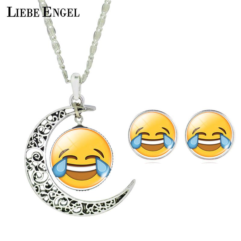 LIEBE ENGEL Newest Silver Color Jewelry Set Cute Emoji Art Picture Glass Moon Pendant Chain Necklace Earrings Set  Women Jewelry