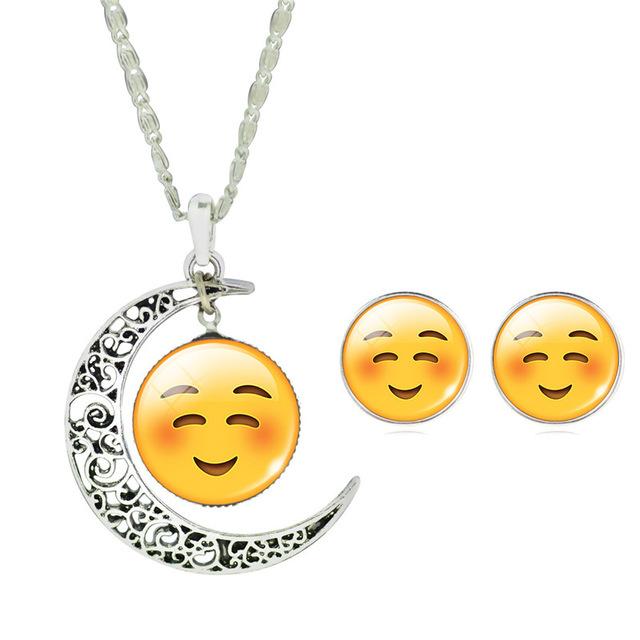 LIEBE ENGEL Newest Silver Color Jewelry Set Cute Emoji Art Picture Glass Moon Pendant Chain Necklace Earrings Set  Women Jewelry