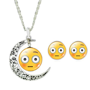 LIEBE ENGEL Newest Silver Color Jewelry Set Cute Emoji Art Picture Glass Moon Pendant Chain Necklace Earrings Set  Women Jewelry