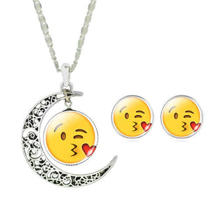 LIEBE ENGEL Newest Silver Color Jewelry Set Cute Emoji Art Picture Glass Moon Pendant Chain Necklace Earrings Set  Women Jewelry