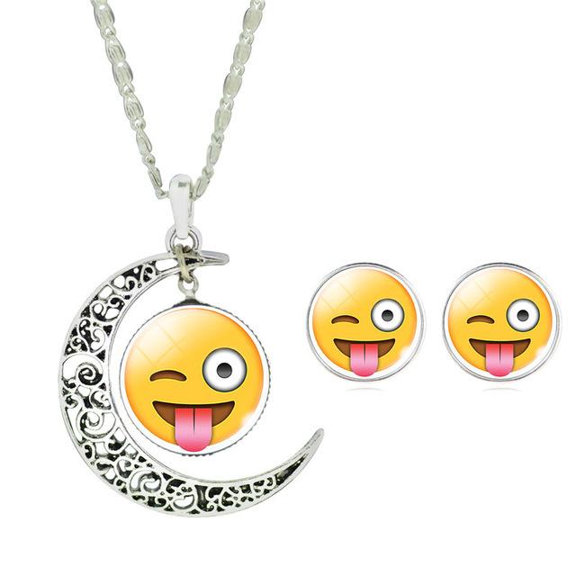 LIEBE ENGEL Newest Silver Color Jewelry Set Cute Emoji Art Picture Glass Moon Pendant Chain Necklace Earrings Set  Women Jewelry