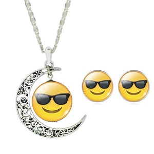 LIEBE ENGEL Newest Silver Color Jewelry Set Cute Emoji Art Picture Glass Moon Pendant Chain Necklace Earrings Set  Women Jewelry