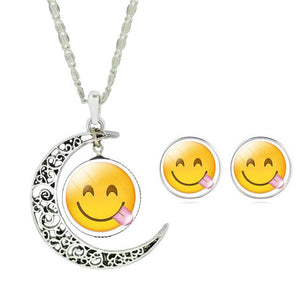 LIEBE ENGEL Newest Silver Color Jewelry Set Cute Emoji Art Picture Glass Moon Pendant Chain Necklace Earrings Set  Women Jewelry