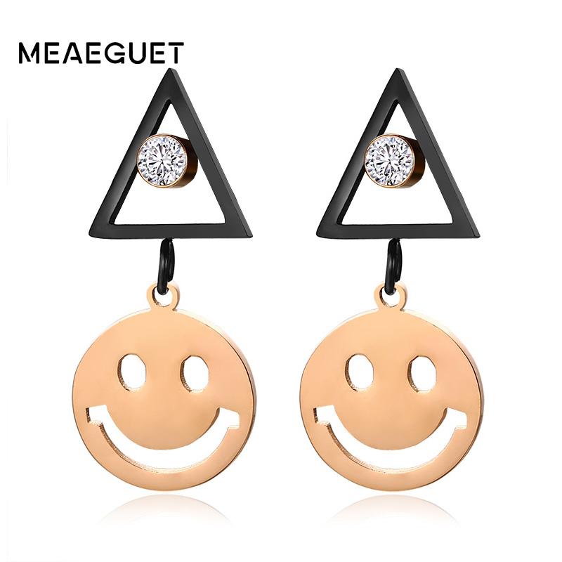 Meaeguet Trendy Emoji Stud Earrings For Women Rose Gold Color Stainless Steel Geometric AAA+ Cubic Zirconia Earrings