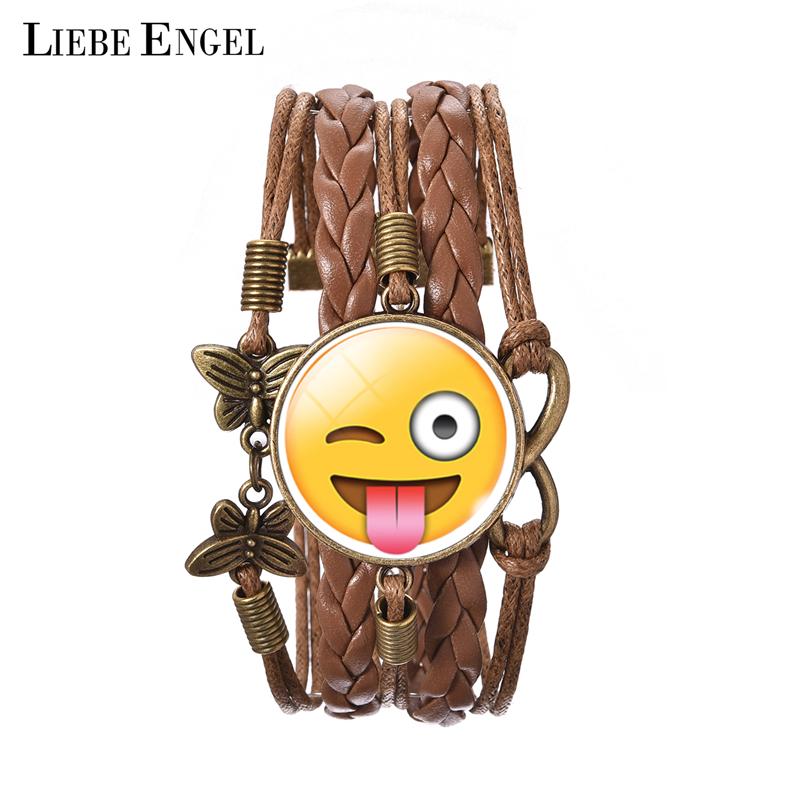 LIEBE ENGEL Naughty Chat Emoji Picture Bracelet Vintage Glass Cabochon Bangle Bracelet Newest Leather Statement Bracelet Jewelry