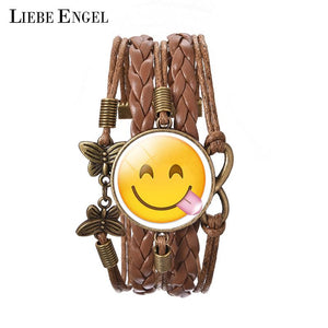 LIEBE ENGEL Newest Bracelets Bangles Fashion Lovely Smiling Emoji Picture Bracelet Leather Bracelet Women Glass Cabochon Jewelry